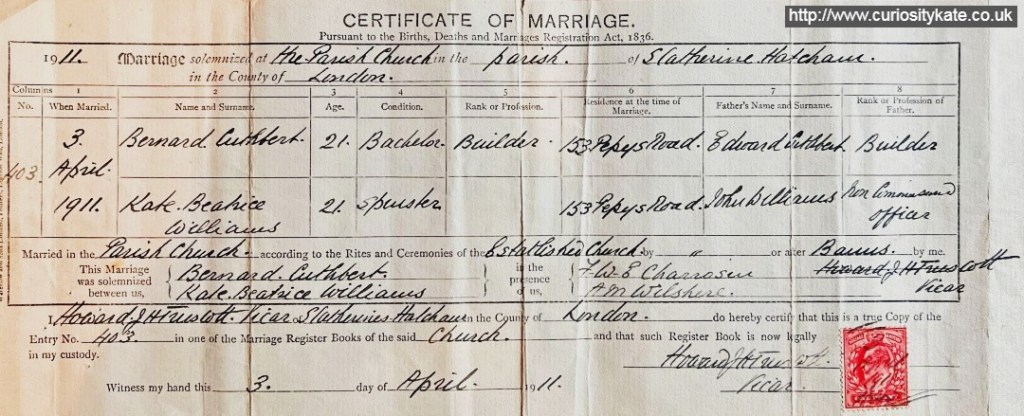 Marriage certificate for Bernard Cuthbert and Kate Beatrice Williams